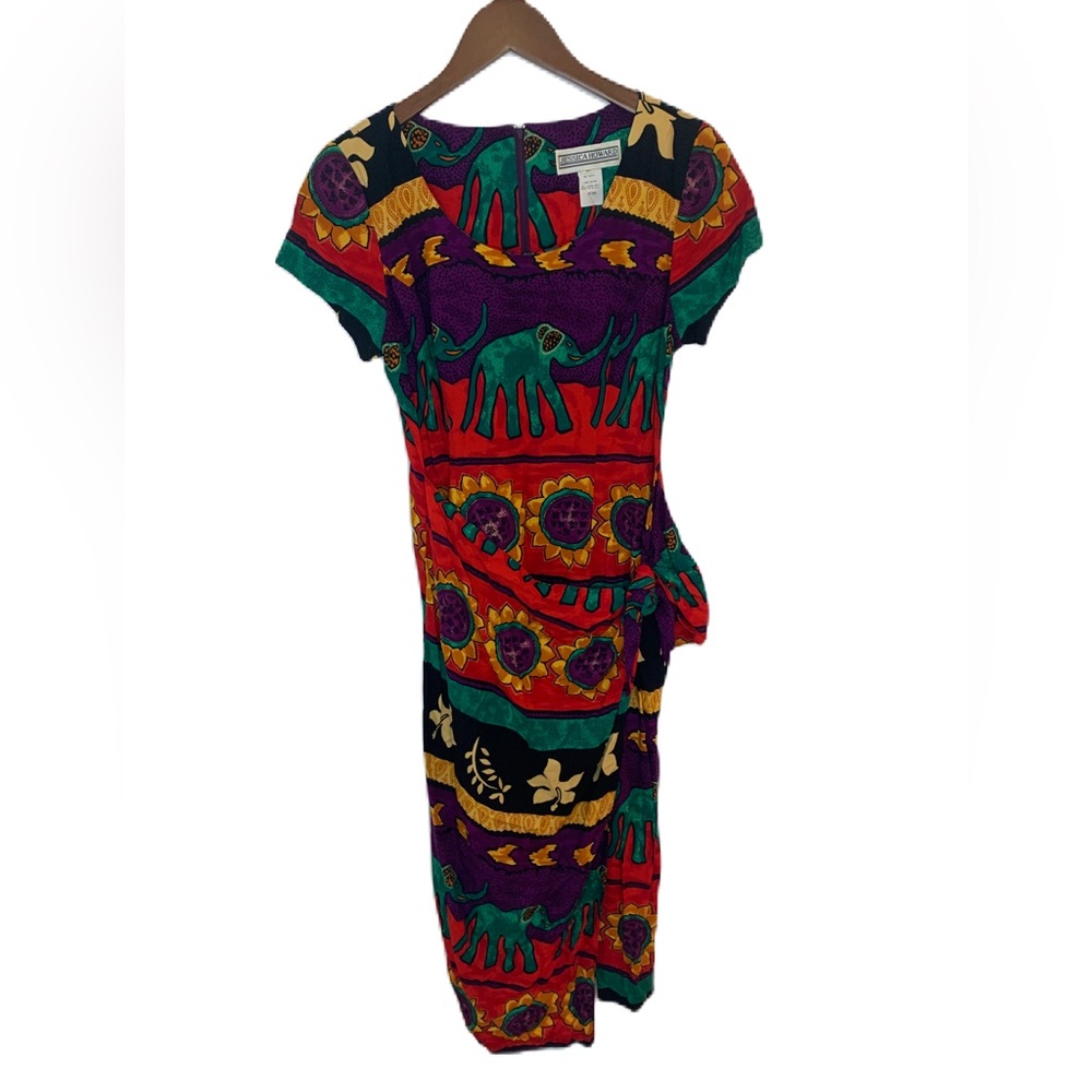 Vintage 90s Jessica Howard Faux Wrap Dress Medium Tribal Elephant Sunflower